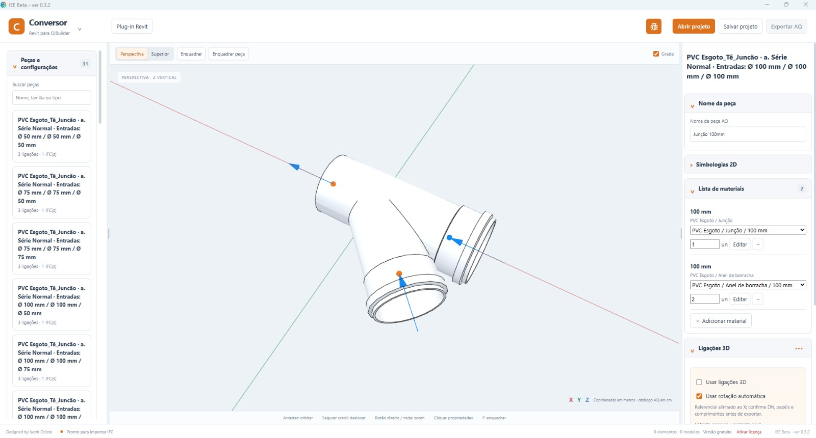 Tela real do conversor Revit para QiBuilder, com peça 3D, conectores e lista de materiais